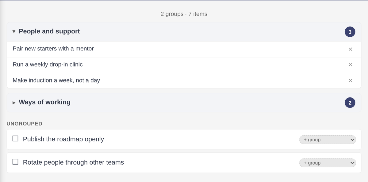The Clustering view: two named groups, "People and support" and "Ways of working", each showing a count. The first is open, listing the three ideas inside it; the second is still collapsed. Below them an UNGROUPED section holds the two ideas nobody has placed yet.