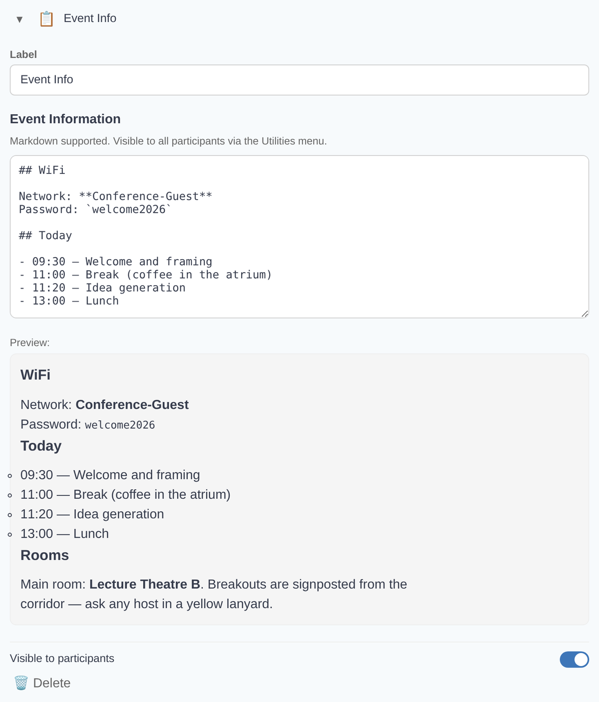 The Event Info settings panel, expanded in the Utilities section. A Label field names the page; below it a Markdown box holds the content — WiFi details, a schedule and room notes — with a live Preview underneath showing what participants will see. A "Visible to participants" switch at the foot controls whether the page appears in their menu.