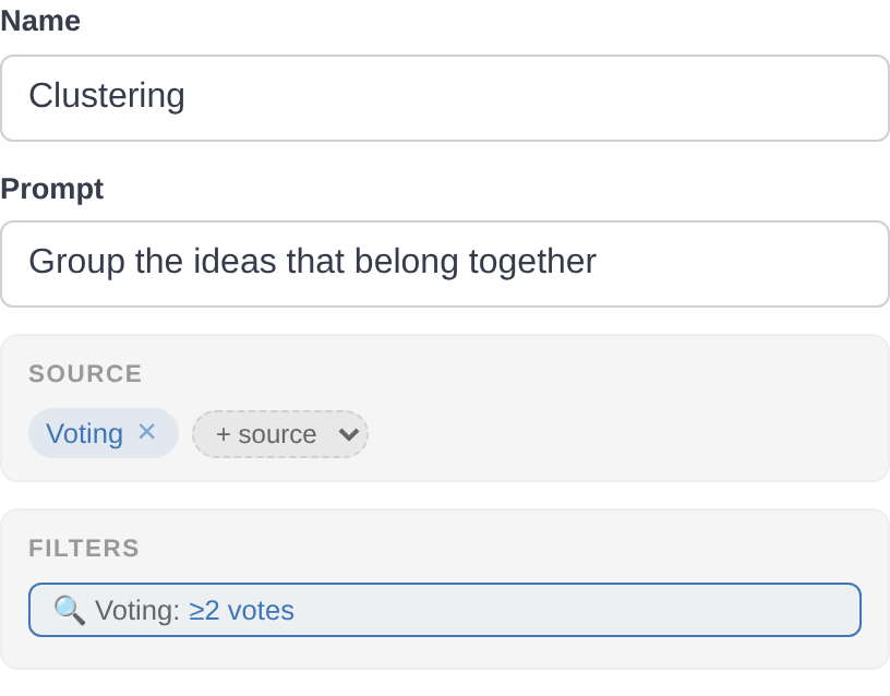 The Basics tab of a tool's settings. Below the Name and Prompt fields sits a SOURCE panel containing a chip reading "Voting" with a remove cross, and a "+ source" dropdown for adding another. Below that, a FILTERS panel shows one row reading "Voting: ≥2 votes".